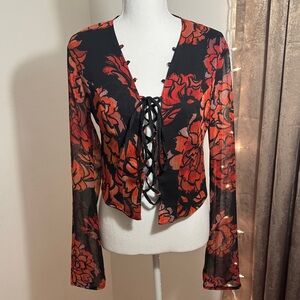 NWOT Topshop Floral Lace-Up Black and Red Women's Top Size 6